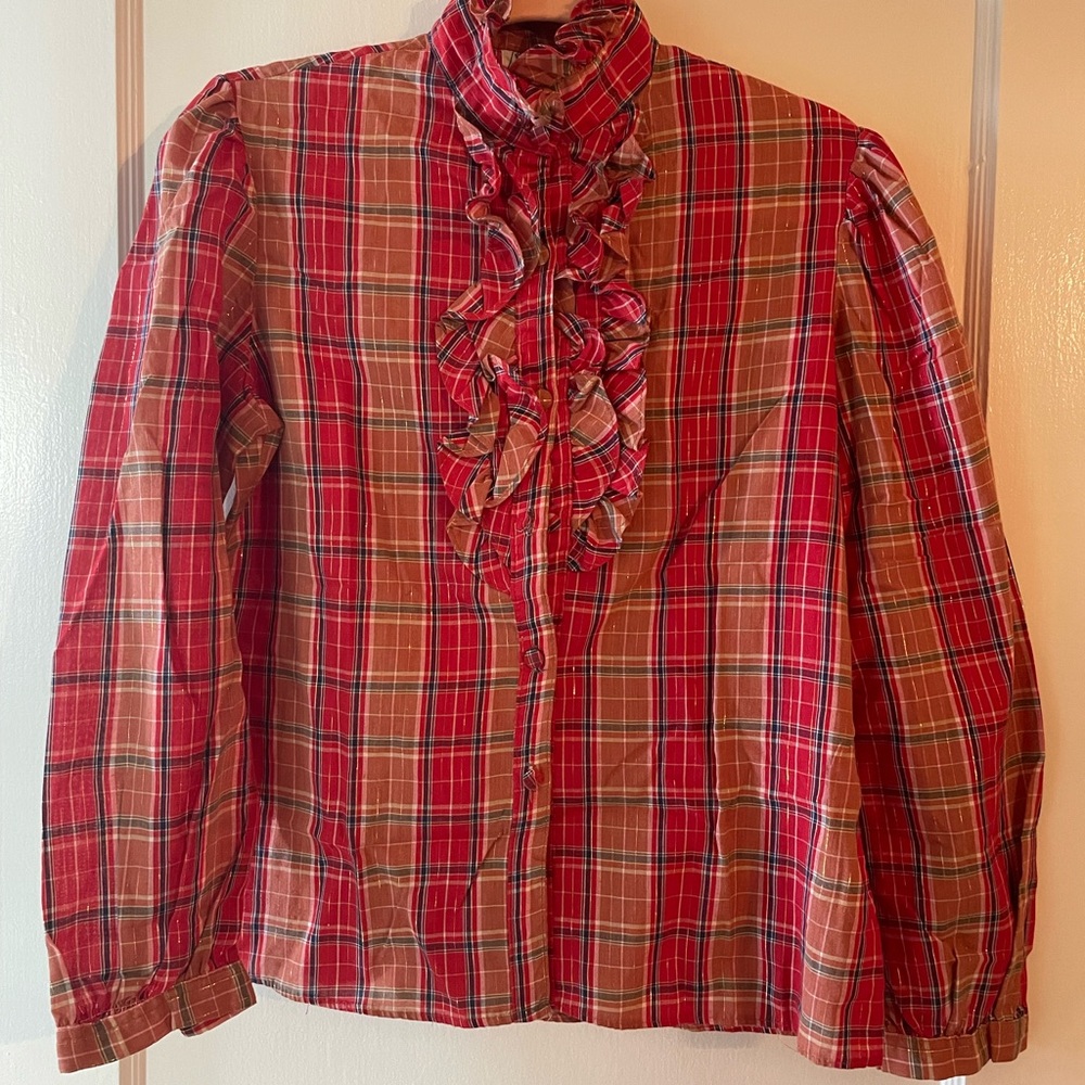 Vintage 80’s Notations Vibrant Red and Gold Plaid Ruffle Collar Top S